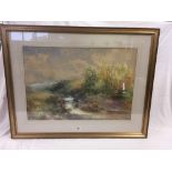 FREDERICK J WIDGERY, LARGE ORIGINAL SIGNED WATERCOLOUR OF A WOODED RIVER VALLEY, 20'' X 28''