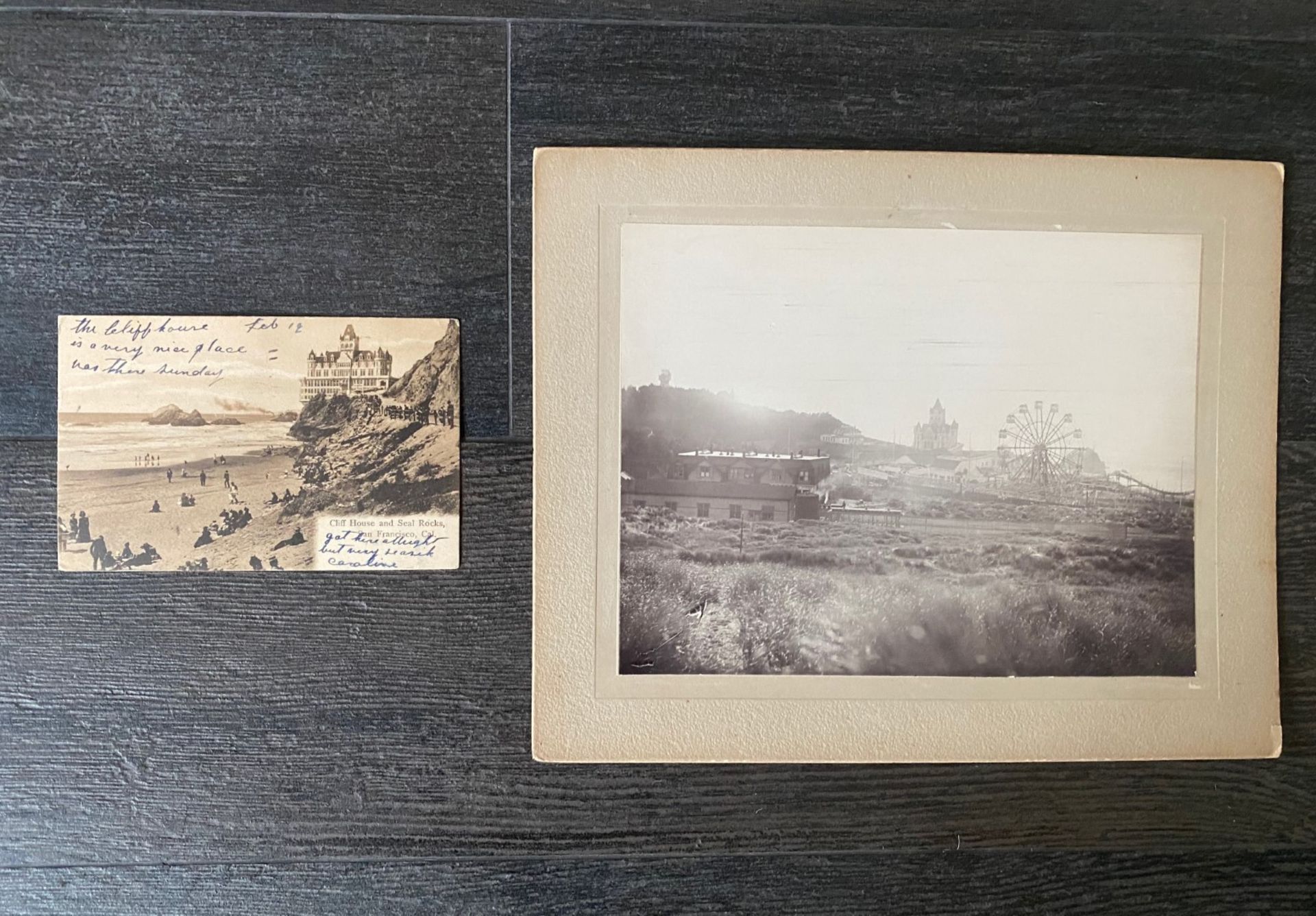 Unique Cabinet Card of Cliff House and Ferris Wheel & Vintage Postcard