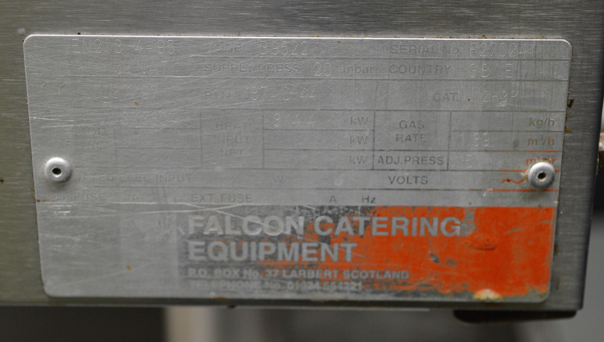 Falcon Natural Gas Grill on Stainless Steel Stand with Shelf (Missing handle on grill shel - Image 8 of 8