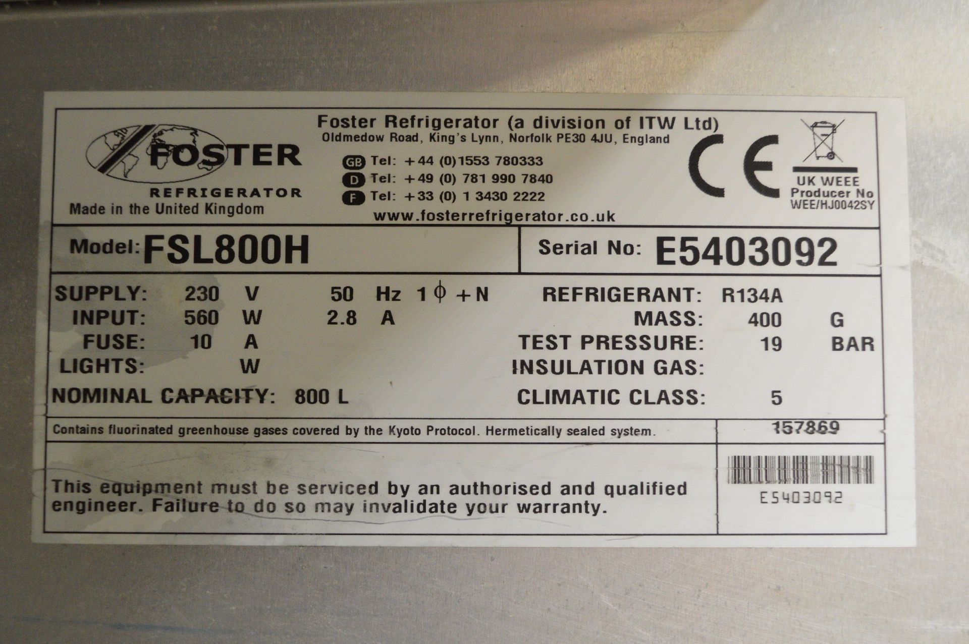 Foster FSL800H Double Door Stainless Steel Refrigerator - Image 5 of 7