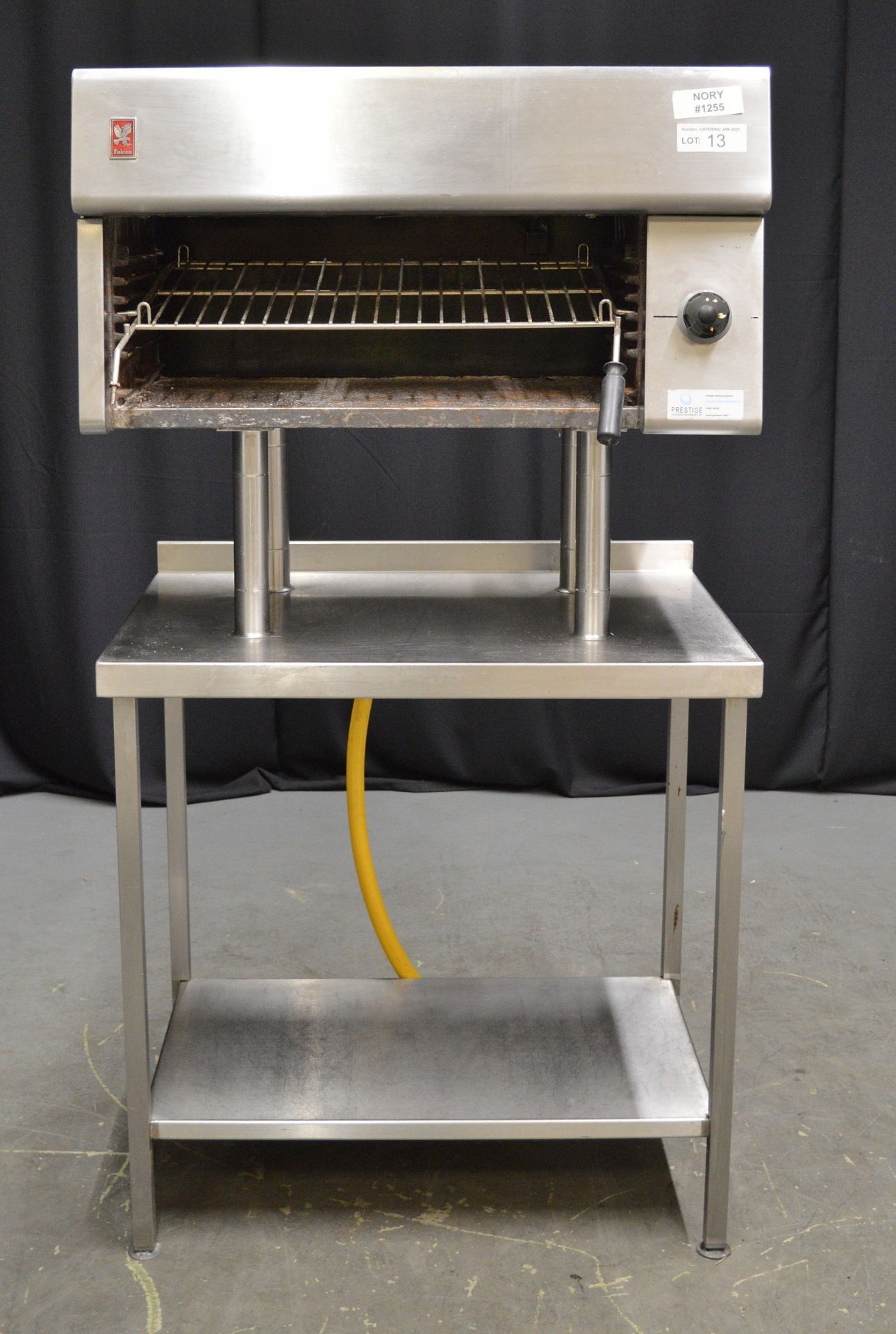 Falcon Natural Gas Grill on Stainless Steel Stand with Shelf (Missing handle on grill shel