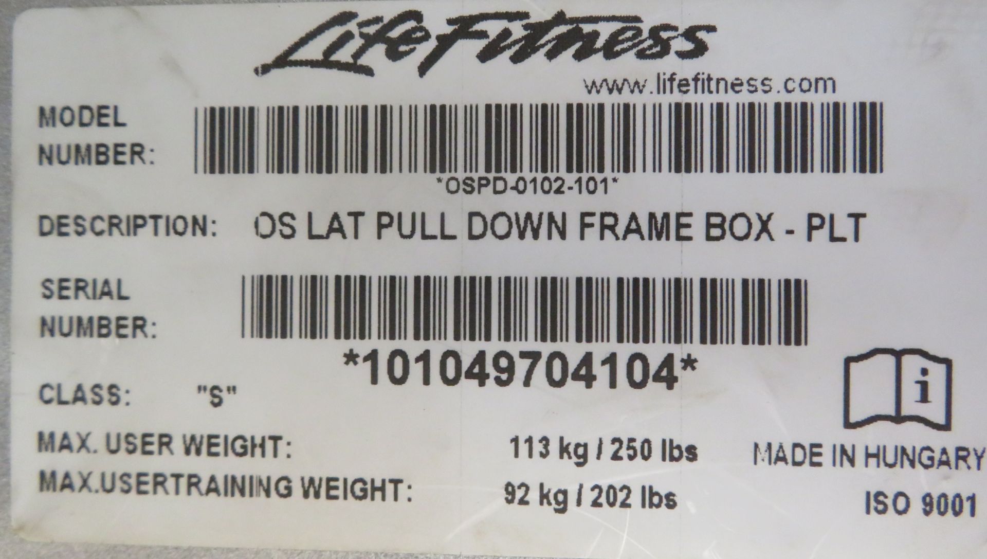 Life Fitness Model OS Frame Box Latt Pulldown. - Image 9 of 9