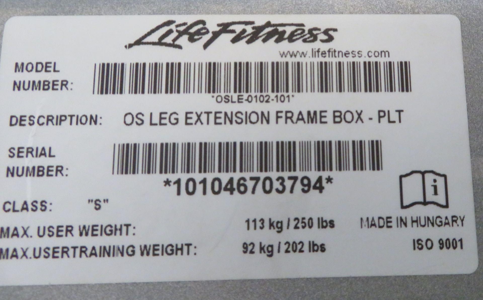 Life Fitness Model OS Frame Box Leg Extension. - Image 11 of 11