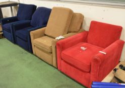 4x Fabric Armchairs - 2x Blue, 1x Biege, 1x Red