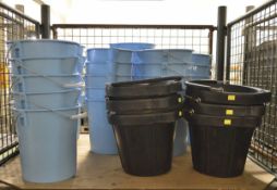 32x Blue Plastic Utility Buckets. 6x Black Rubber Utility Buckets