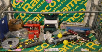 Hand tools - punches, welding goggles, allen keys, hand drill, socket heads, measuring tap