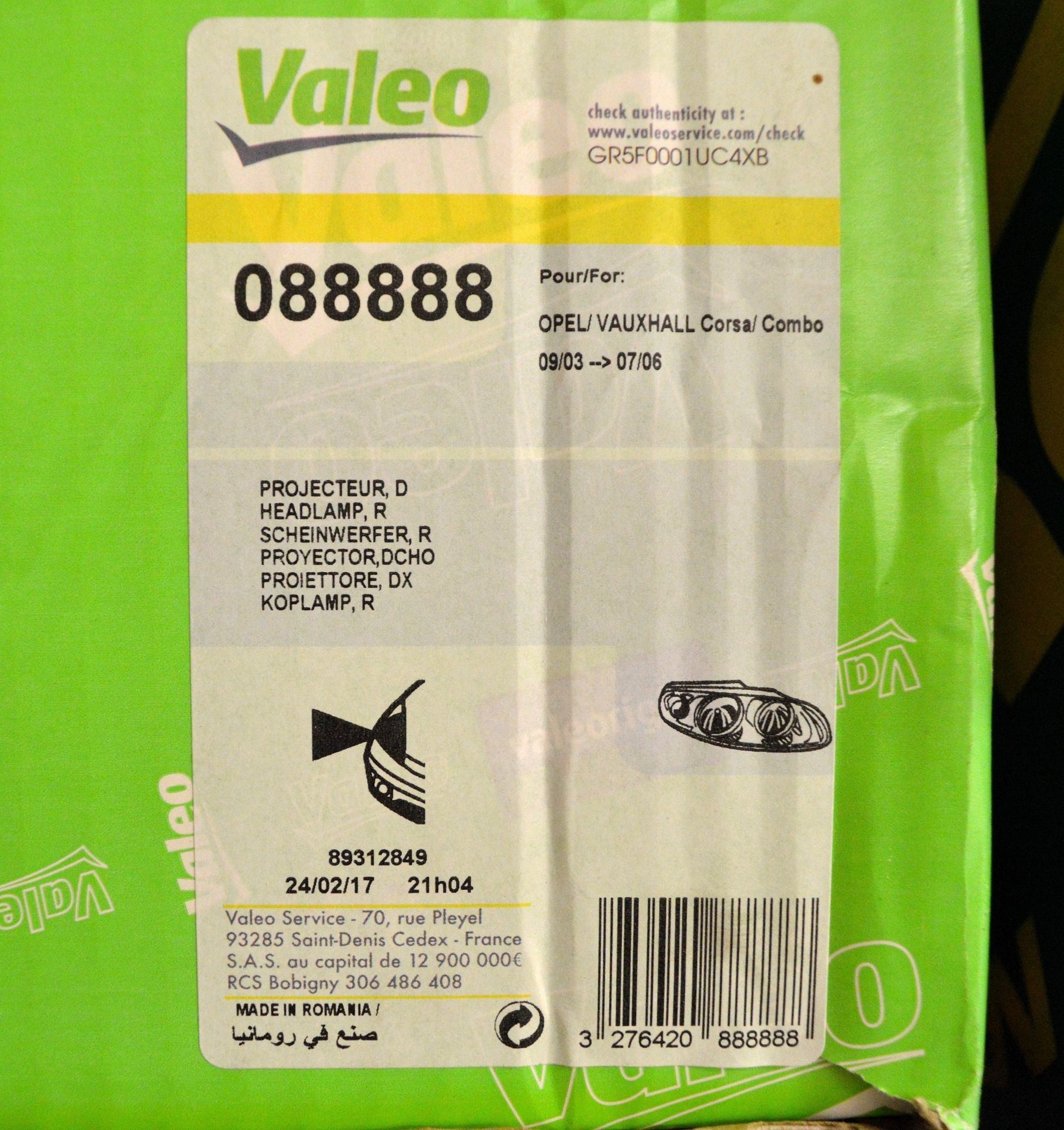 Valeo Headlamp Unit RH 088888 - Opel/Vauxhall Corsa/Combo 09/03 to 07/06 - Image 4 of 4