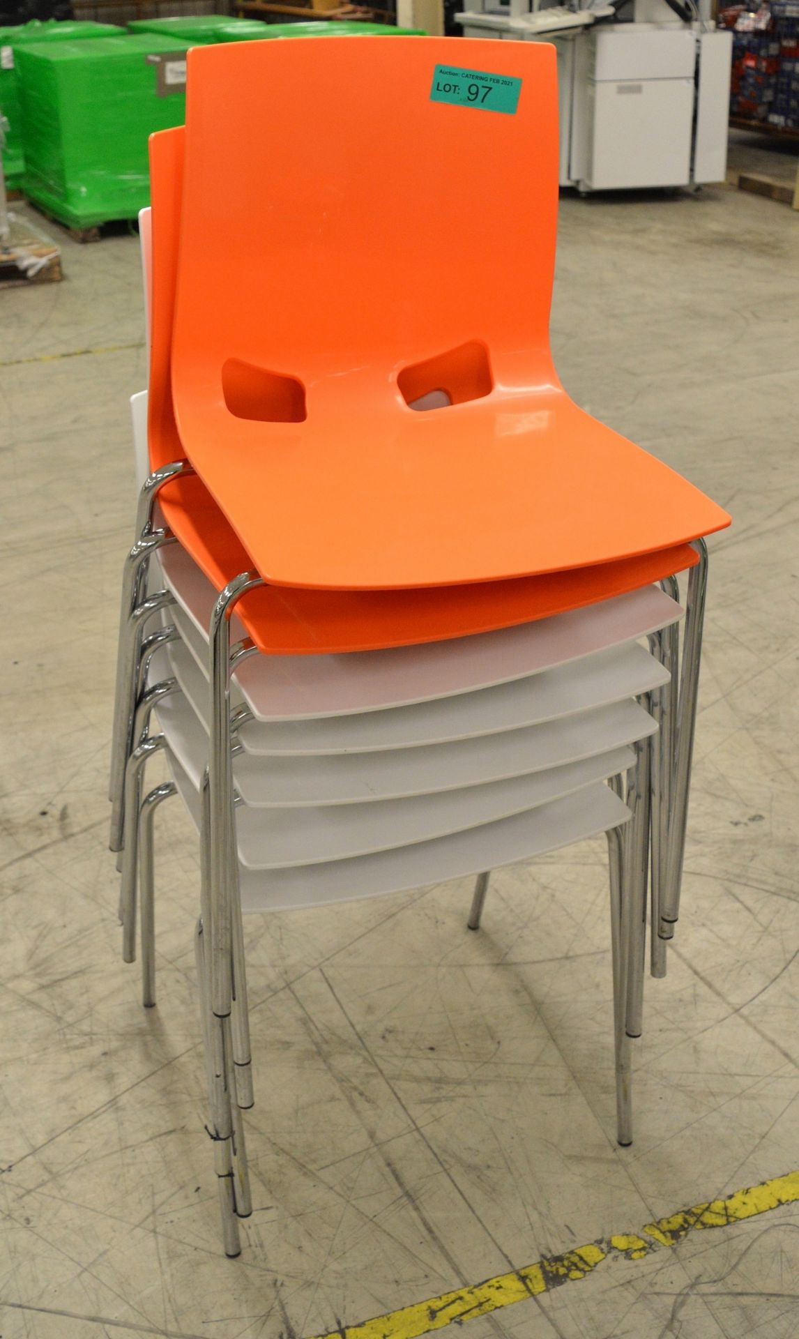 7x Plastic Chairs (2x Orange and 5x White)