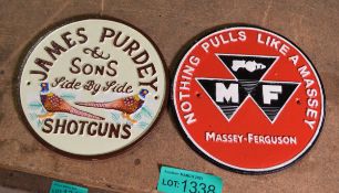 2x Cast signs - 24cm diameter - Massey-Ferguson, James Purdy