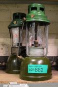 2x Kerosene Lanterns - green base, green top