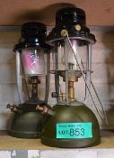2x Kerosene Lanterns - green base, black top