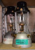 2x Kerosene Lanterns - silver base, black top