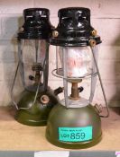 2x Kerosene Lanterns - green base, black top