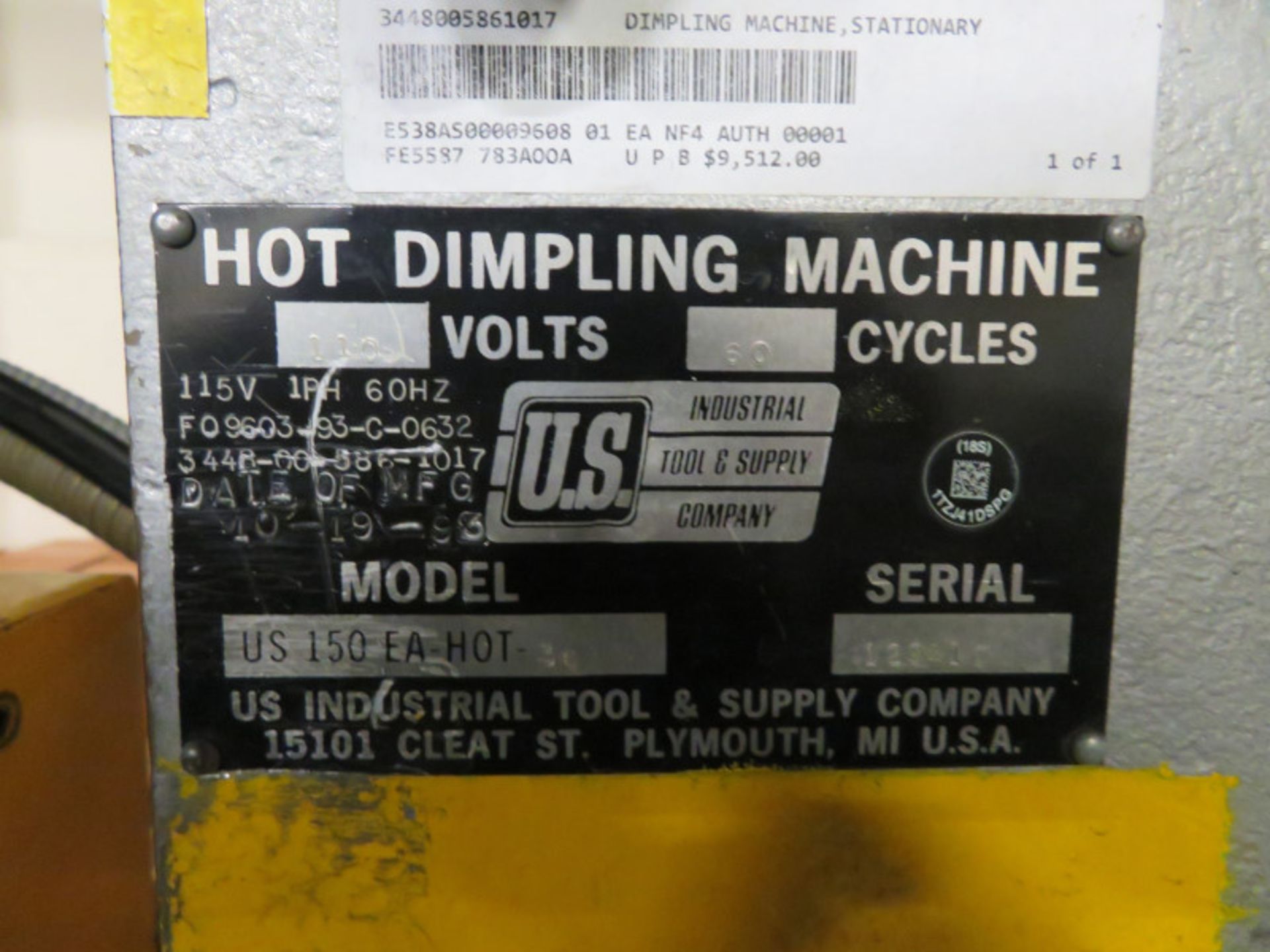 US Industrial US 150 EA-HOT-36 Hot Dimpling Machine - Serial No. 129410 - 110v - 60 Cycles - Image 3 of 5