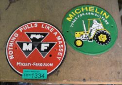 2x Cast signs - 24cm diameter - Michelin, Massey-Ferguson