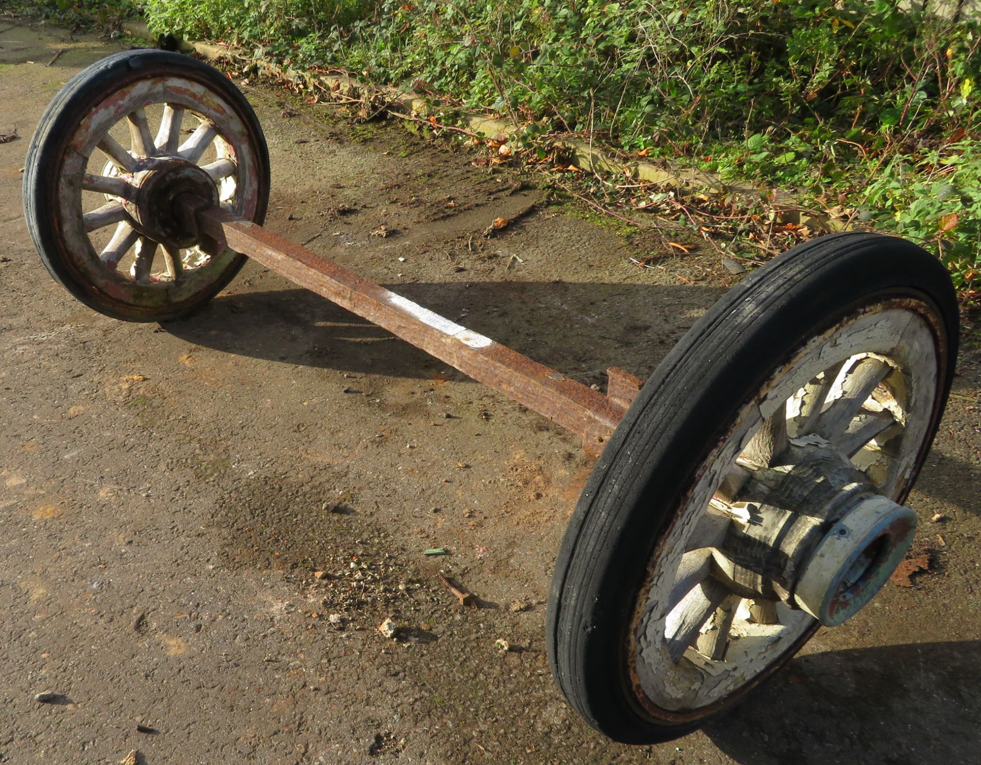 Pair Of Wooden Wheels But Shod With Rubber Tyres - Mounted On Steel Axle - Image 2 of 6