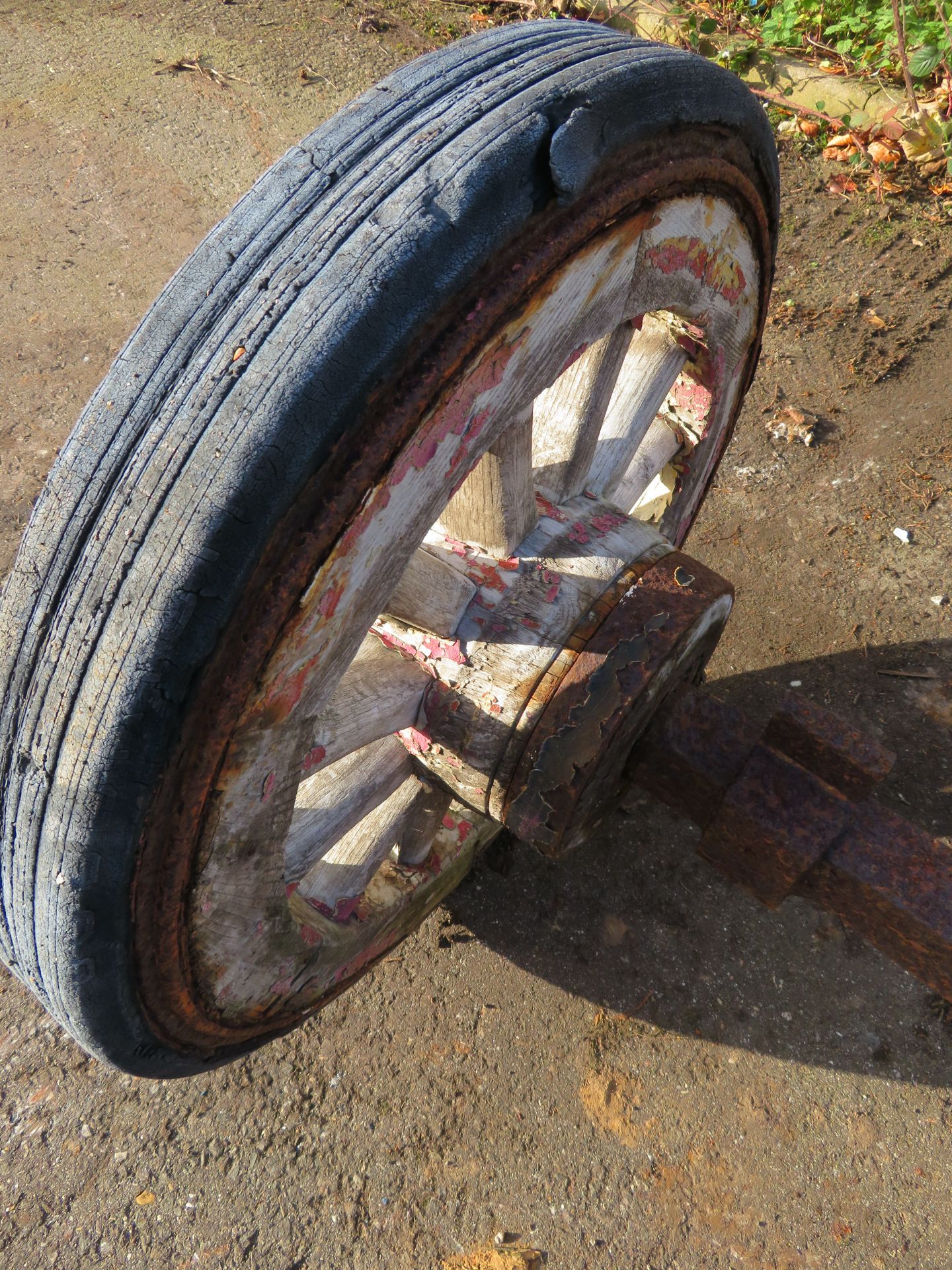 Pair Of Wooden Wheels But Shod With Rubber Tyres - Mounted On Steel Axle - Image 4 of 6