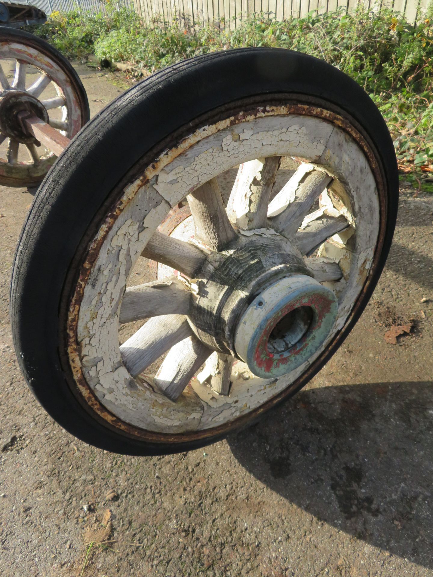 Pair Of Wooden Wheels But Shod With Rubber Tyres - Mounted On Steel Axle - Image 3 of 6