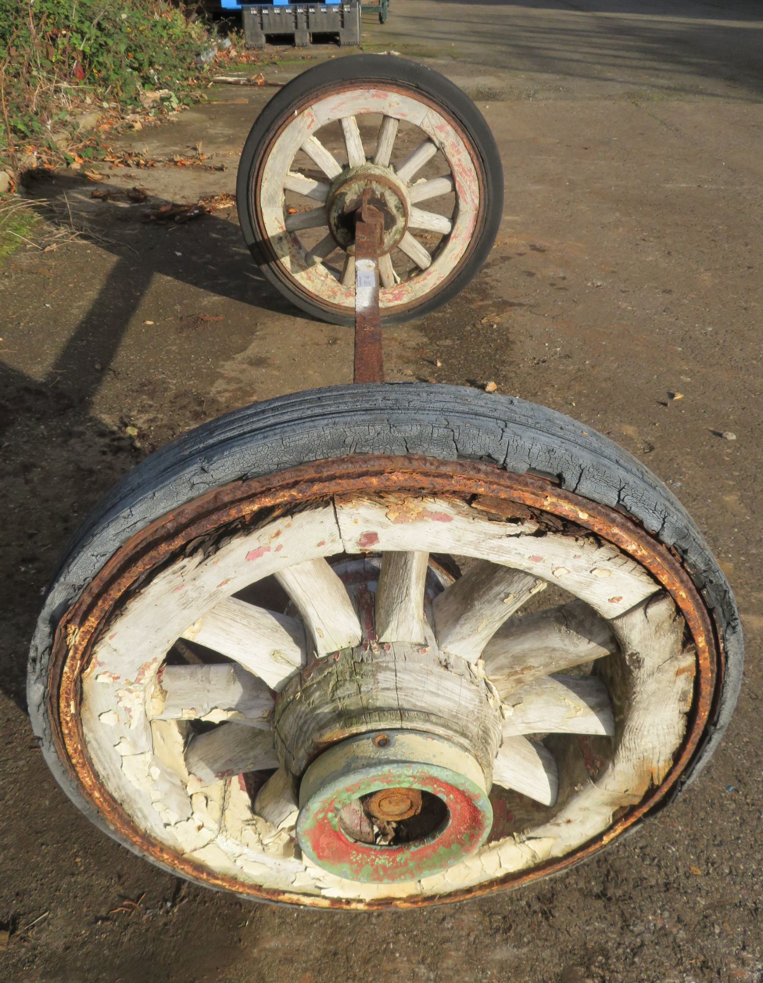 Pair Of Wooden Wheels But Shod With Rubber Tyres - Mounted On Steel Axle - Image 5 of 6