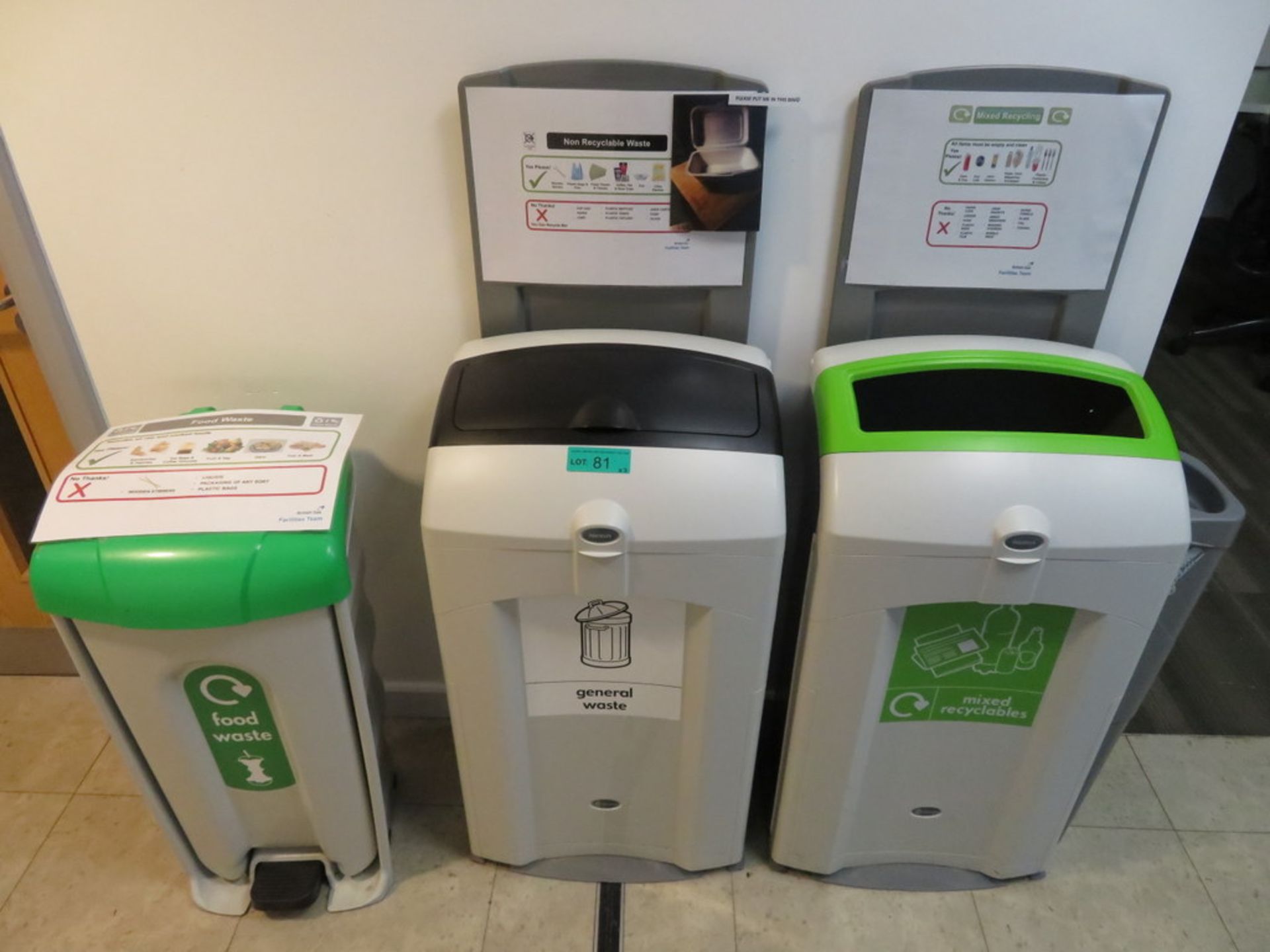 3x Various Waste Bins. To Include: General Waste, Mixed Recyclables & Food Waste.