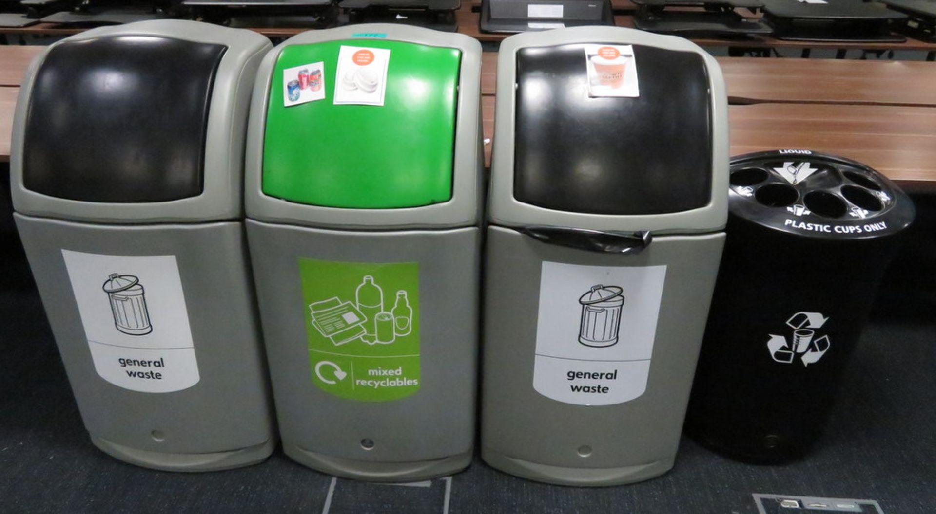 4x Various Waste Bins. To Include: General Waste, Mixed Recyclables & Plastics/Liquid.