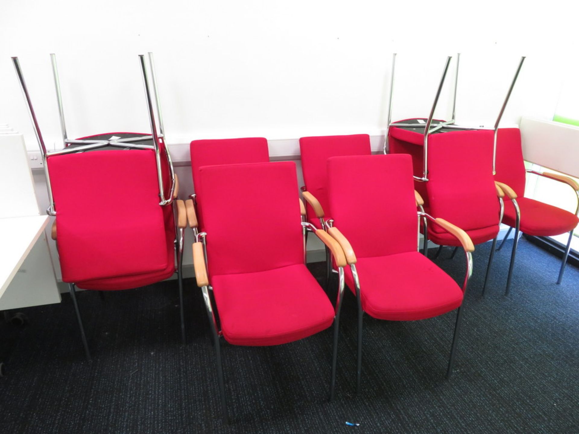 9x Red Upholstered Padded Chairs.