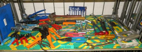 Various Tools - Hacksaw, pliers, Strip Master wire tools, hammers, crimping tools, spanner