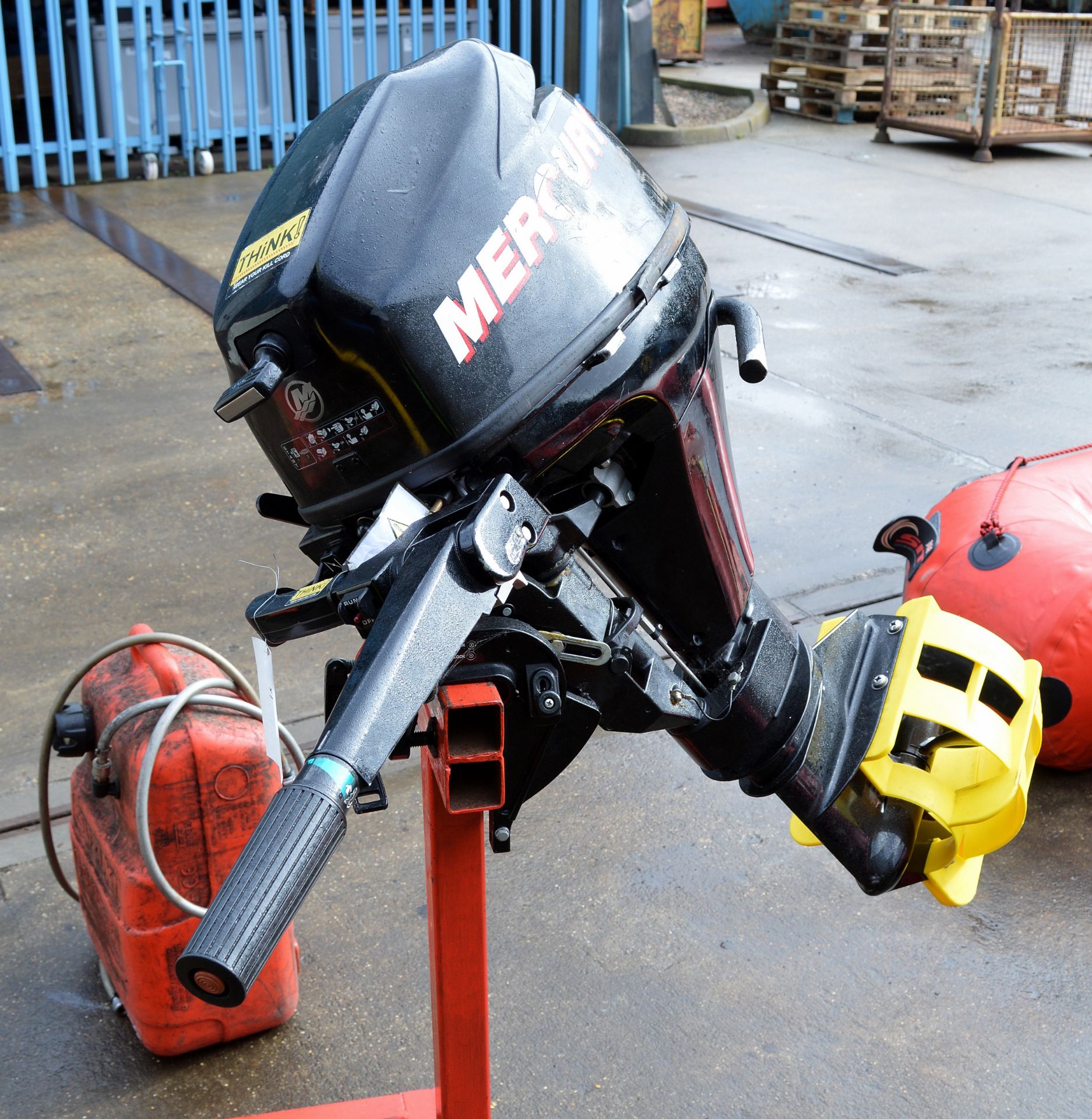 Red inflatable with Mercury 9.9 outboard engine on stand - IF10201FA serial 0R533676, fuel can - Image 14 of 23