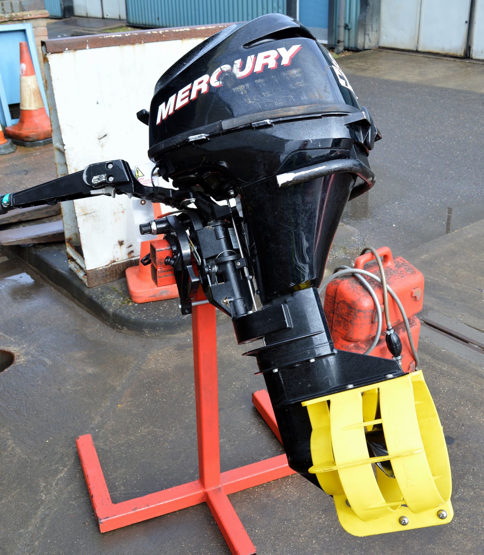 Red inflatable with Mercury 9.9 outboard engine on stand - IF10201FA serial 0R533676, fuel can - Image 13 of 23