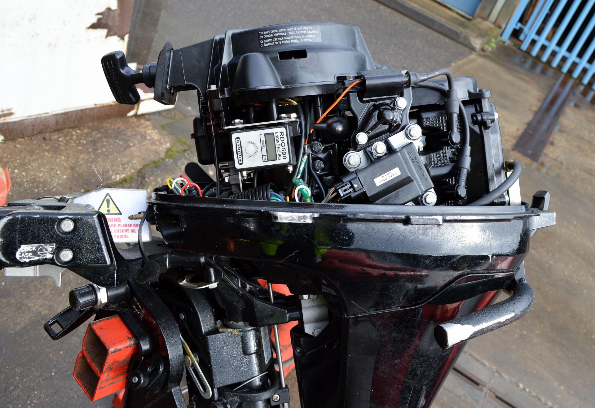 Red inflatable with Mercury 9.9 outboard engine on stand - IF10201FA serial 0R533676, fuel can - Image 18 of 23