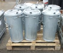 6x Galvanised metal bins with lids