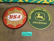 2x Cast signs - 24cm diameter - John Deere, BSA