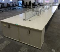 12 Person Desk Arrangement With Dividers, Monitor Arms & Storage Cupboards.