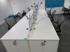 8 Person Desk Arrangement With Dividers, Monitor Arms & Storage Cupboards. Chairs Are Not Included.