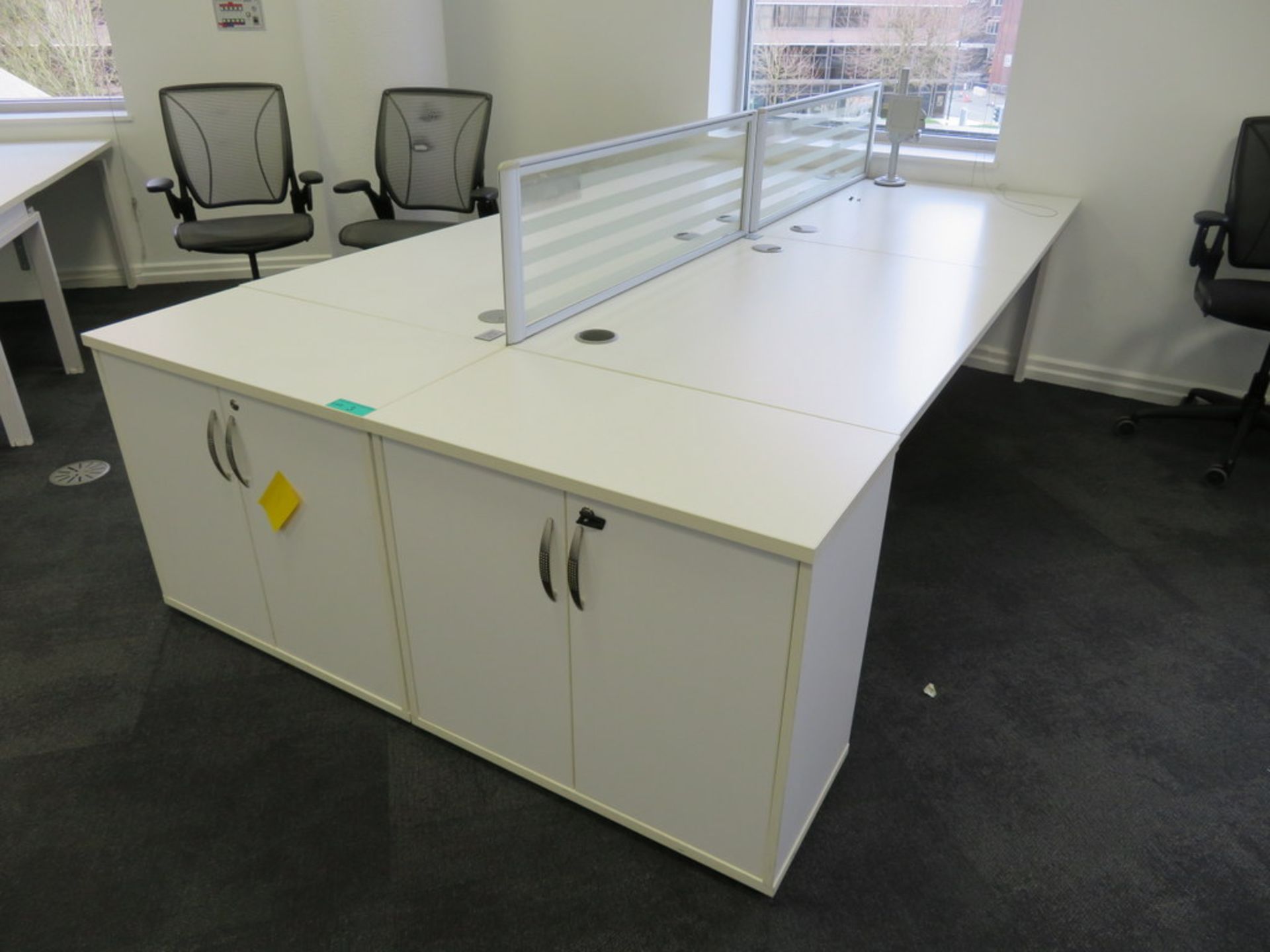 4 Person Desk Arrangement With Dividers & Storage Cupboards.