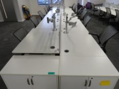 12 Person Desk Arrangement With Dividers, Monitor Arms & Storage Cupboards. Chairs Are Not Included.