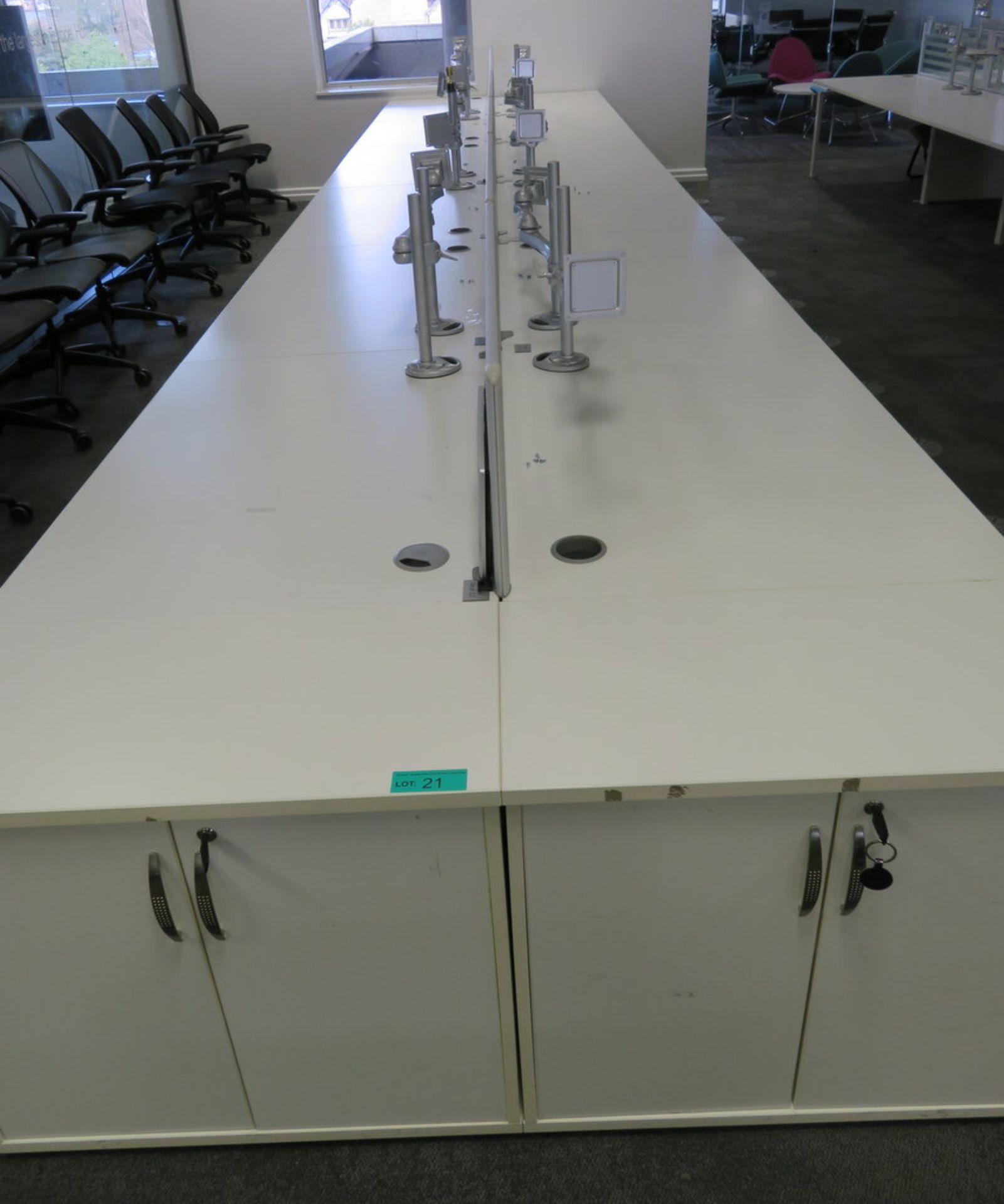 12 Person Desk Arrangement With Dividers, Monitor Arms & Storage Cupboards. - Image 2 of 4