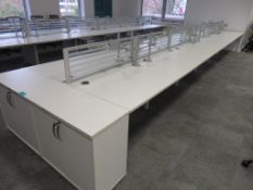 12 Person Desk Arrangement With Dividers, Monitor Arms & Storage Cupboards.