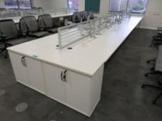 12 Person Desk Arrangement With Dividers, Monitor Arms & Storage Cupboards.