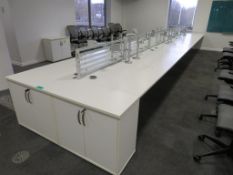 12 Person Desk Arrangement With Dividers, Monitor Arms & Storage Cupboards.