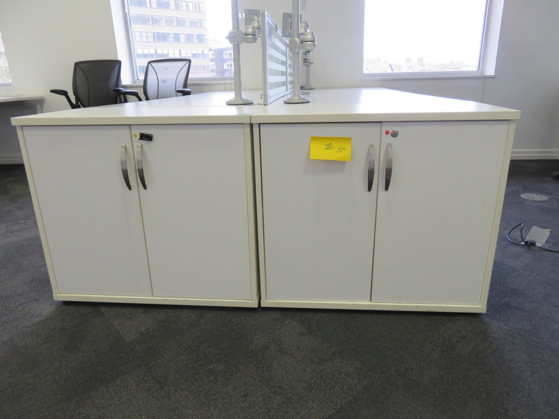 4 Person Desk Arrangement With Dividers, Monitor Arms & Storage Cupboards. - Image 2 of 3