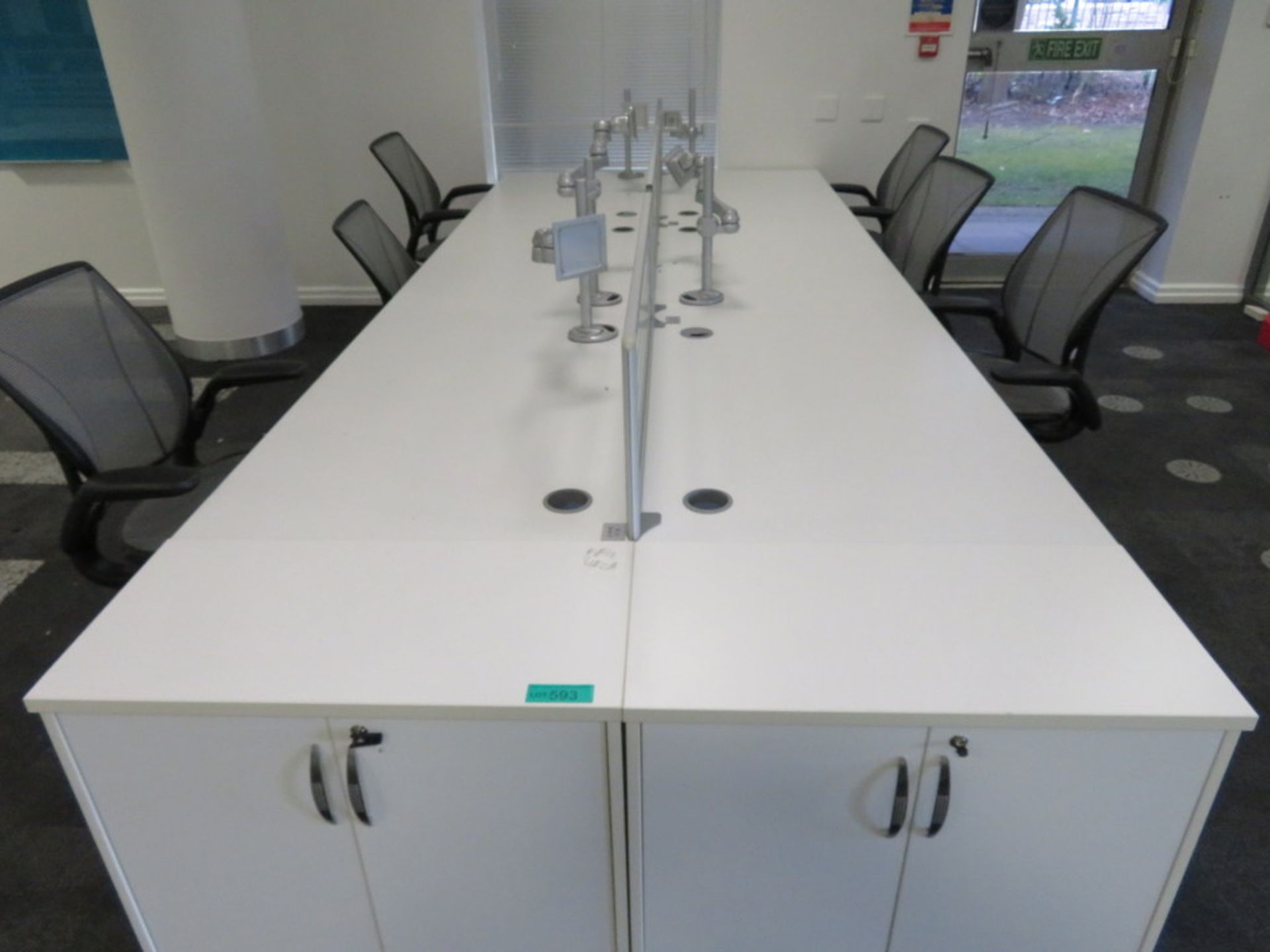 6 Person Desk Arrangement With Dividers, Monitor Arms & Storage Cupboards. Chairs Are Not Included. - Image 2 of 4