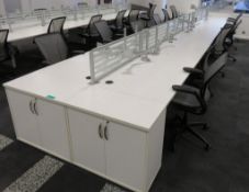 12 Person Desk Arrangement With Dividers, Monitor Arms & Storage Cupboards. Chairs Are Not Included.