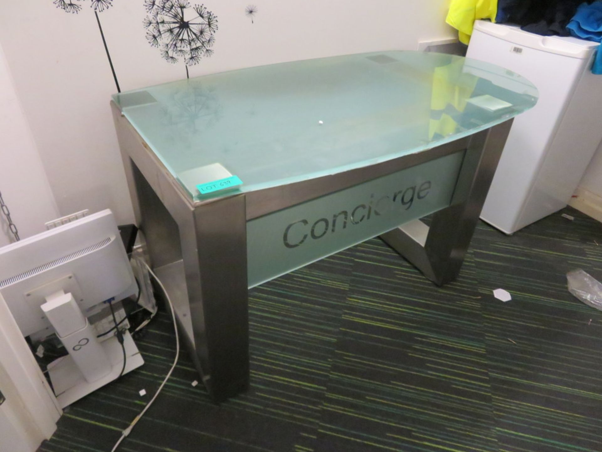 Glass Concierge Desk With Industrial Finished Legs.