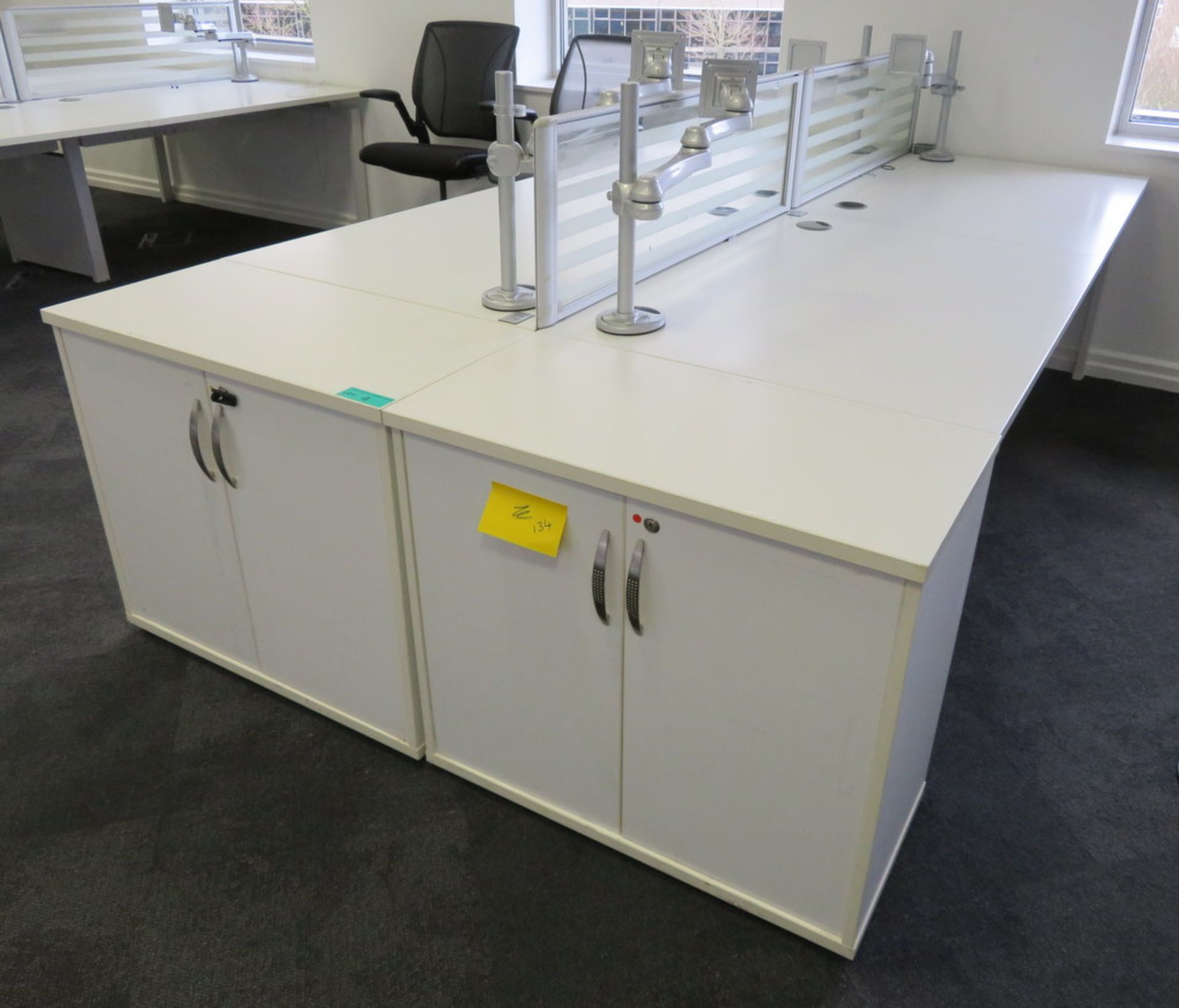 4 Person Desk Arrangement With Dividers, Monitor Arms & Storage Cupboards.