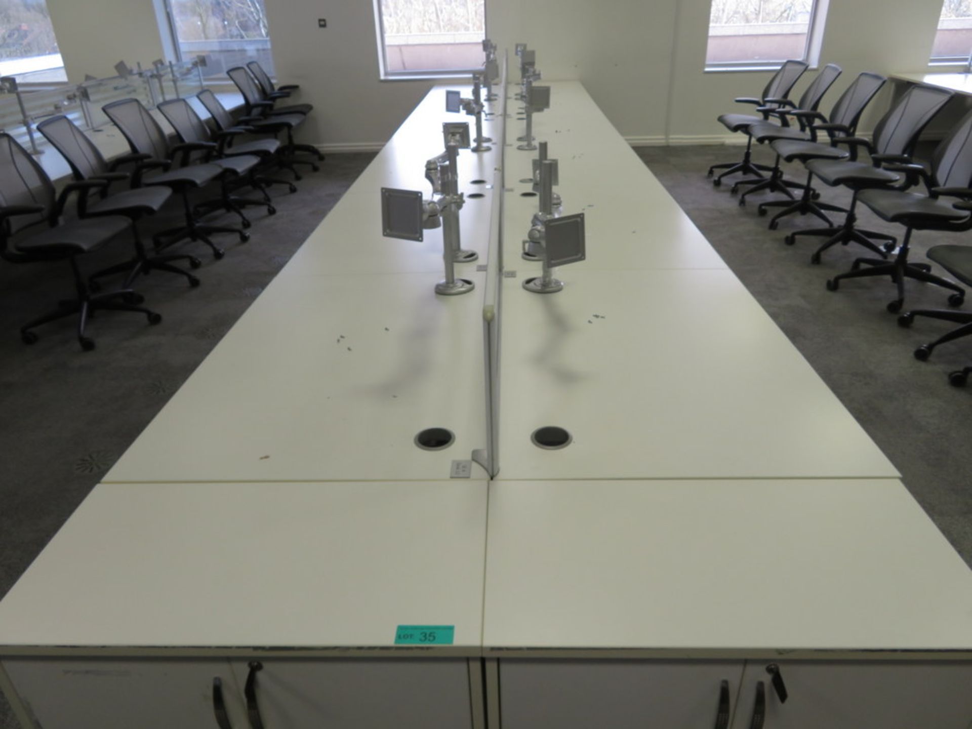 12 Person Desk Arrangement With Dividers, Monitor Arms & Storage Cupboards. - Image 2 of 4