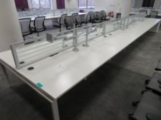 12 Person Desk Arrangement With Dividers, Monitor Arms & Storage Cupboards.