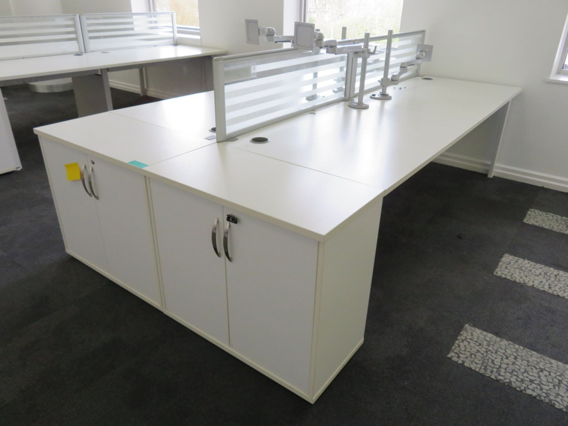 4 Person Desk Arrangement With Dividers, Monitor Arms & Storage Cupboards.