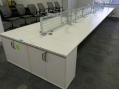 12 Person Desk Arrangement With Dividers, Monitor Arms & Storage Cupboards.