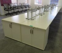 12 Person Desk Arrangement With Dividers, Monitor Arms & Storage Cupboards.